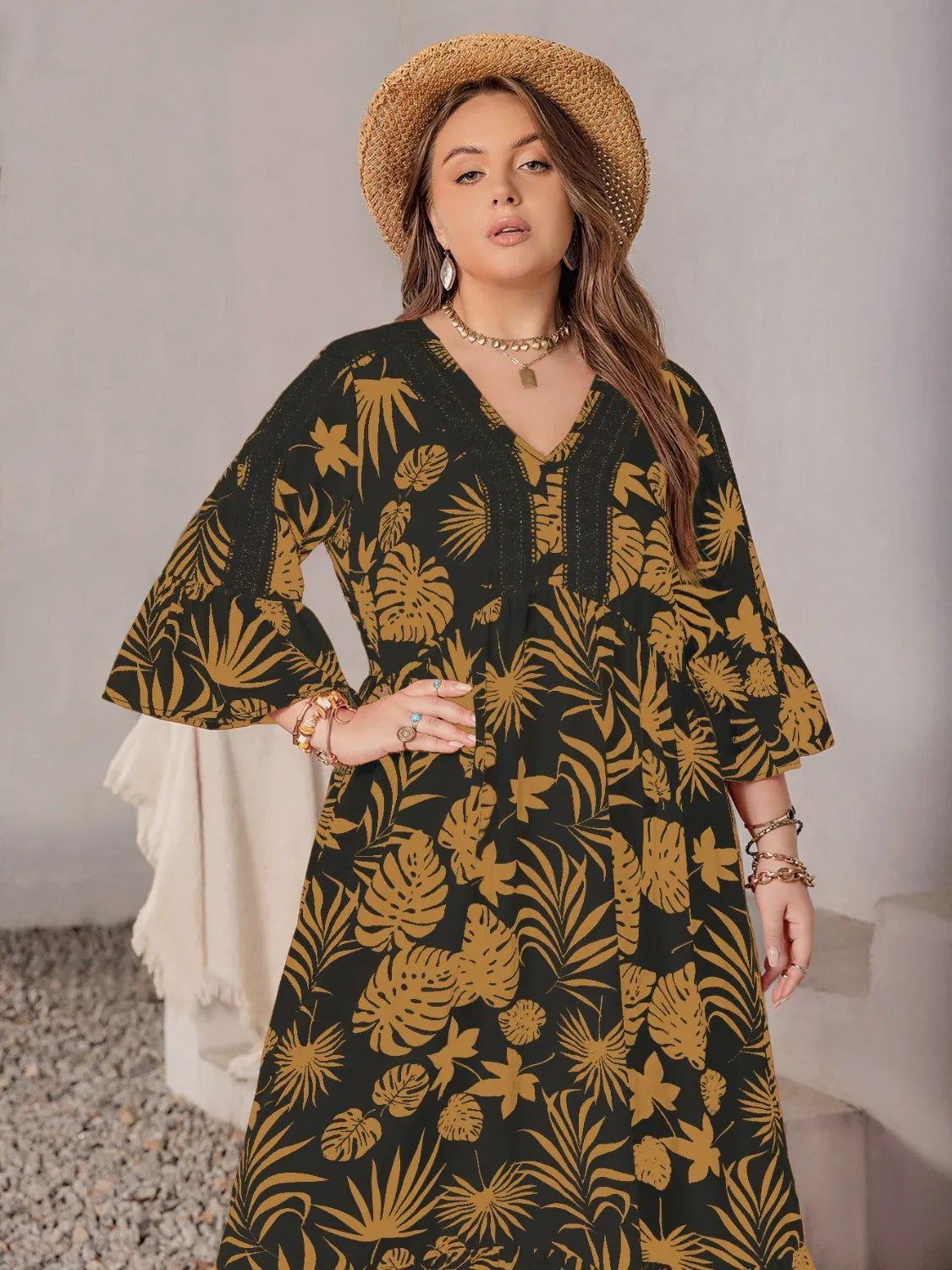 Plus Size Lace Detail Tropical Print Three-Quarter Sleeve Maxi Dress - Premium Dresses from Trendsi - Just $42.99! Shop now at Handbags Specialist Headquarter