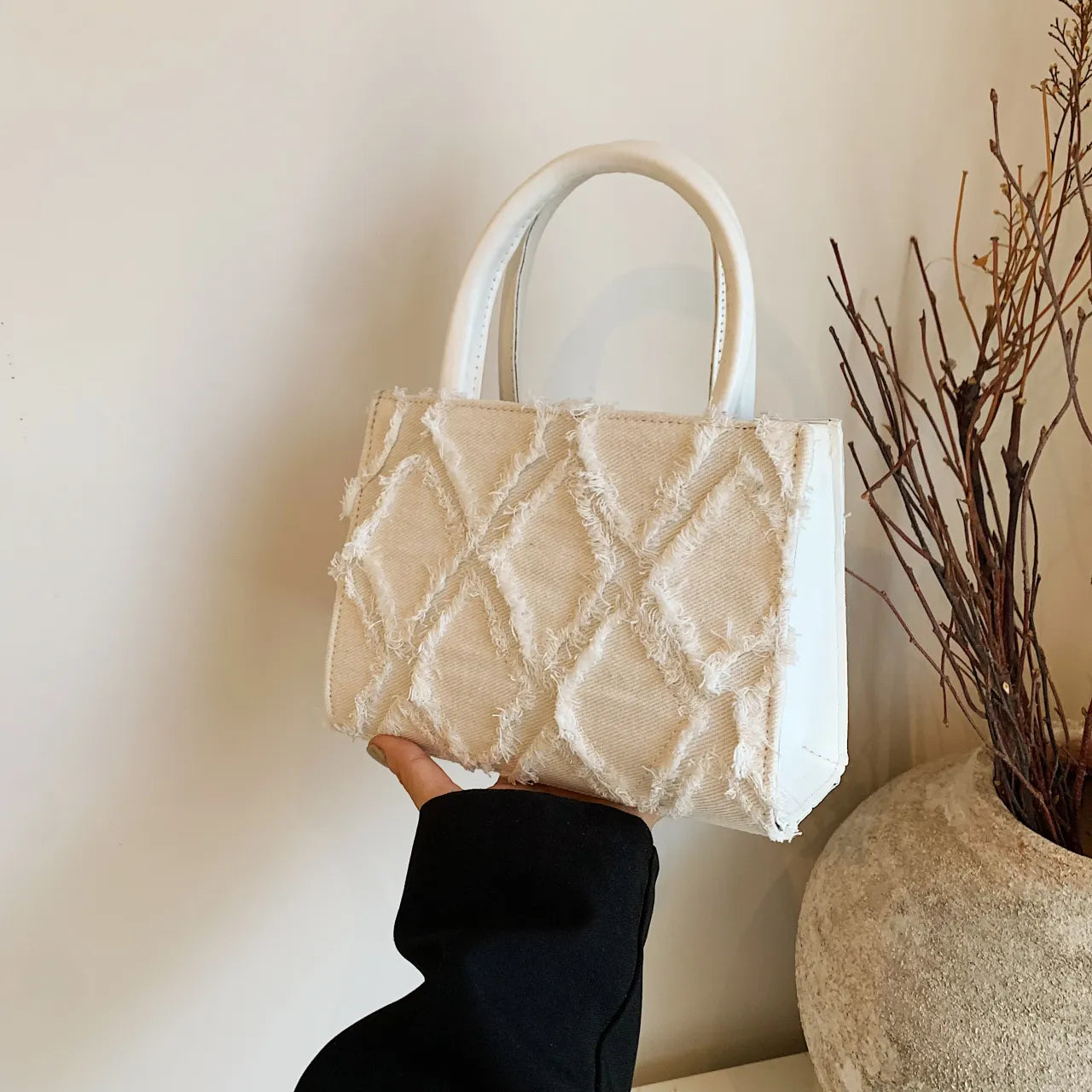 Diamond Pattern Fringe Edge Tote Bag - Premium Tote Bag from Trendsi - Just $39.99! Shop now at Handbags Specialist Headquarter