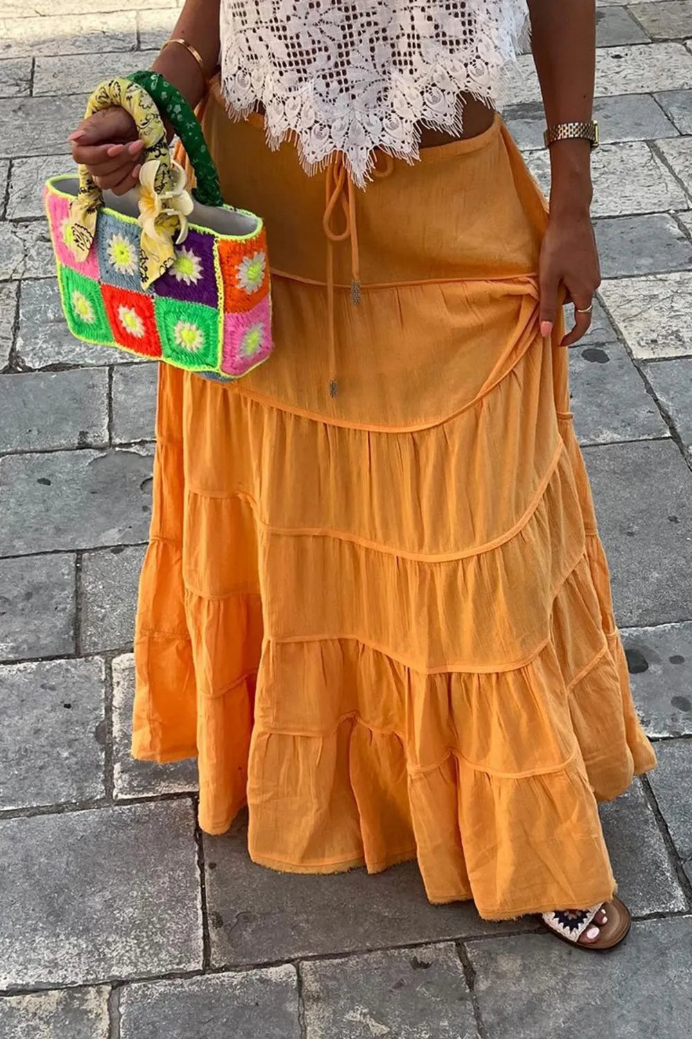 Bohemian Tiered Maxi Skirt with Drawstring Waist - Premium Skirts from Trendsi - Just $38.99! Shop now at Handbags Specialist Headquarter