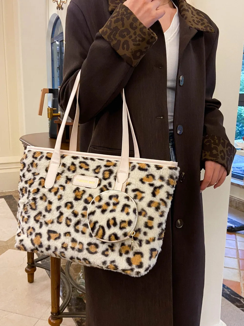 Leopard Faux Fur Tote Bag with Coin Purse - Premium Tote Bag from Trendsi - Just $39.99! Shop now at Handbags Specialist Headquarter
