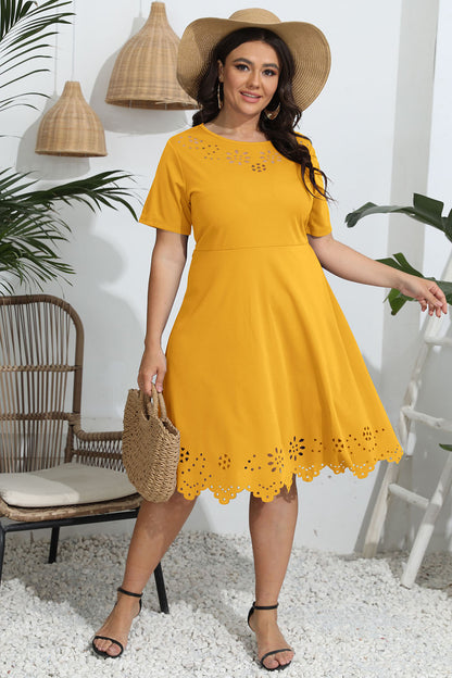 Plus Size Round Neck Openwork Dress - Premium Dresses from Trendsi - Just $30.99! Shop now at Handbags Specialist Headquarter