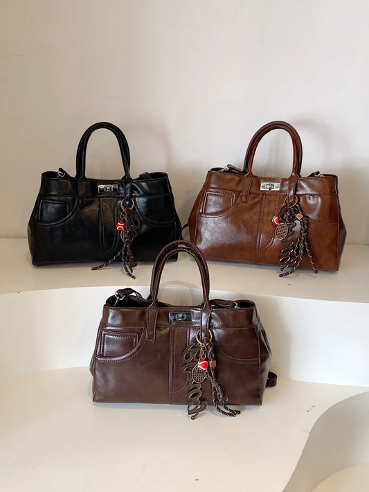 PU Leather Handbag with Pendant - Premium Tote Bag from Trendsi - Just $40.99! Shop now at Handbags Specialist Headquarter
