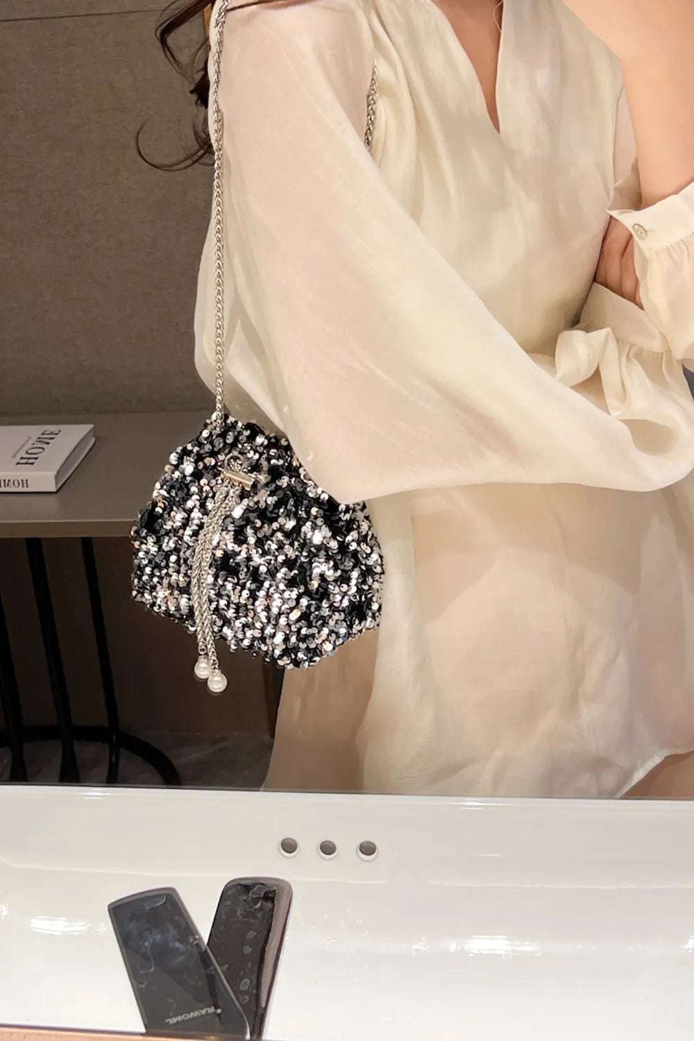 Sequin Chain Drawstring Bucket Bag - Premium Crossbody Bag from Trendsi - Just $21.99! Shop now at Handbags Specialist Headquarter