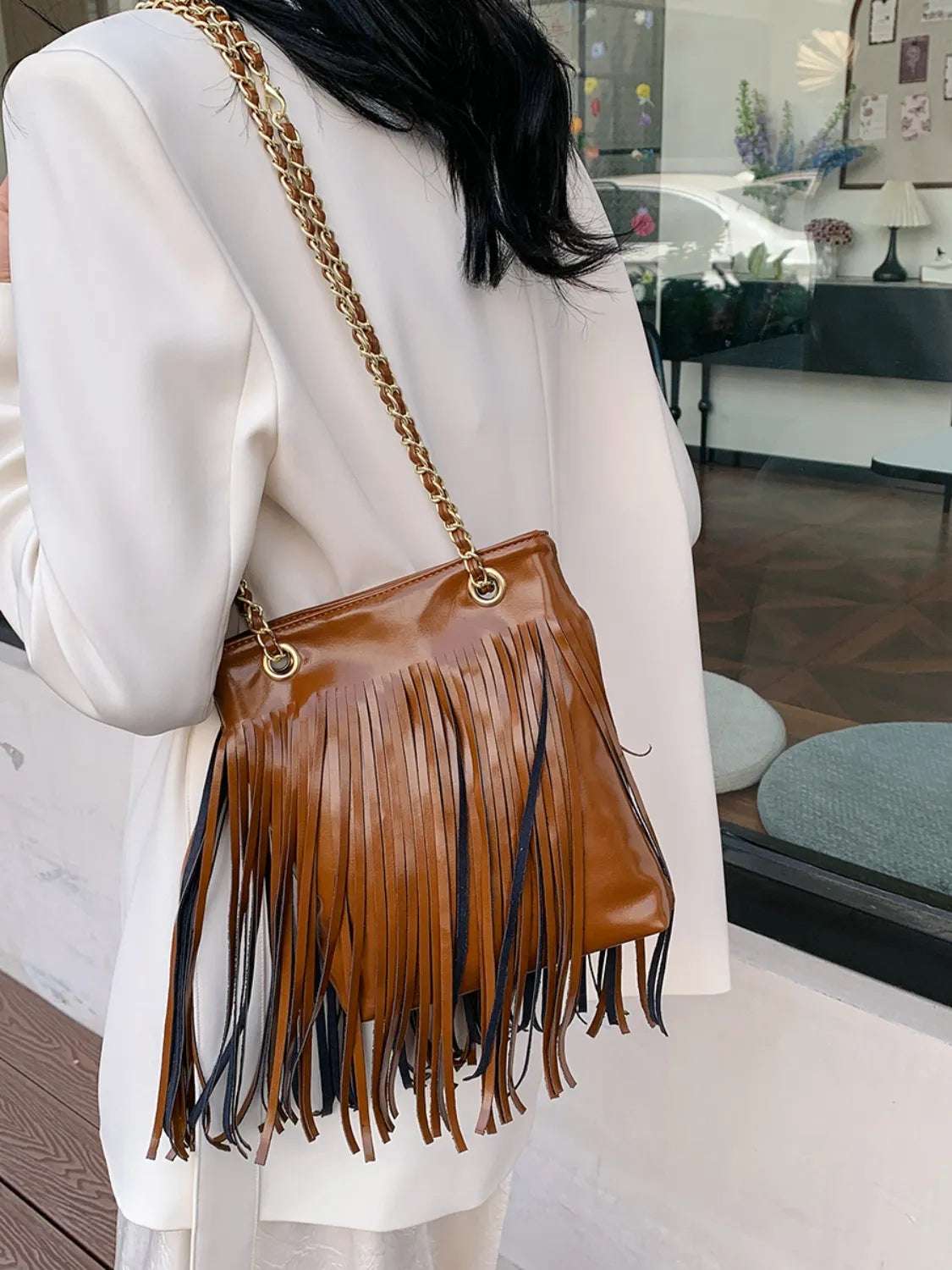 Fringe PU Leather Crossbody Bag - Premium Crossbody Bag from Trendsi - Just $26.99! Shop now at Handbags Specialist Headquarter
