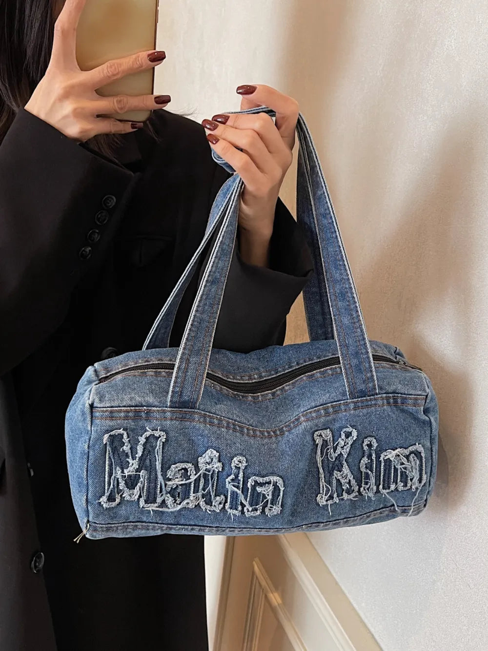 Letter Raw Edge Denim Handbag - Premium Tote Bag from Trendsi - Just $33.99! Shop now at Handbags Specialist Headquarter