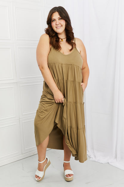 Zenana Full Size Spaghetti Strap Tiered Dress with Pockets in Khaki - Premium Dresses from Trendsi - Just $21.99! Shop now at Handbags Specialist Headquarter