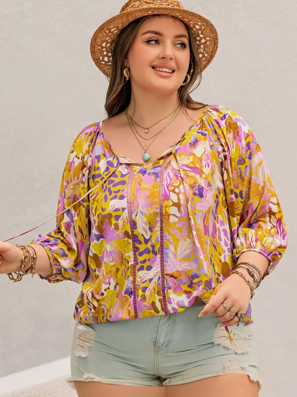 Plus Size Printed Tie Neck Blouse - Premium Plus Size Shirts from Trendsi - Just $28.50! Shop now at Handbags Specialist Headquarter