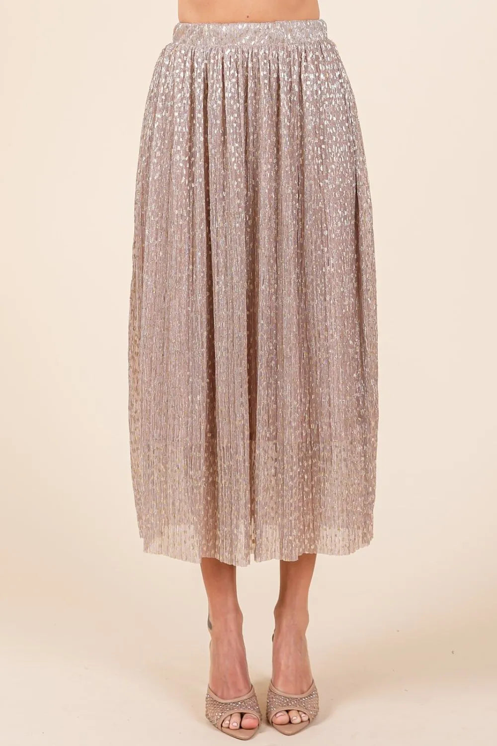 Mittoshop Metallic Glitter Speckle Print Elastic Midi Skirt - Premium Skirts from Trendsi - Just $54.99! Shop now at Handbags Specialist Headquarter