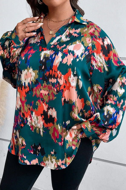 Plus Size Printed Johnny Collar Long Sleeve Blouse - Premium Plus Size Shirts from Trendsi - Just $29! Shop now at Handbags Specialist Headquarter