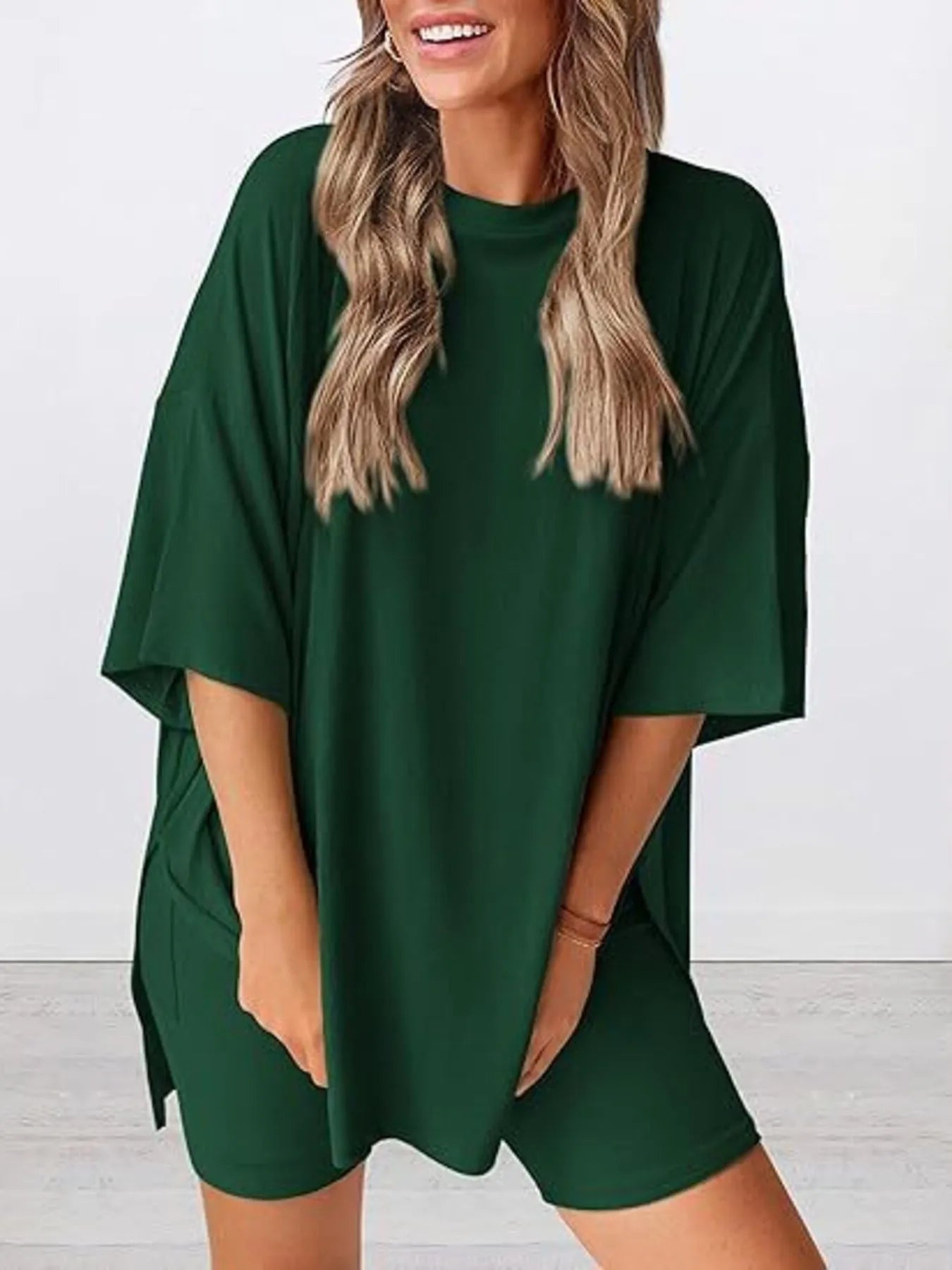 Full Size Oversized Slit Round Neck Top and Shorts Lounge Set Plus Size - Premium Sleepwear from Trendsi - Just $28.99! Shop now at Handbags Specialist Headquarter