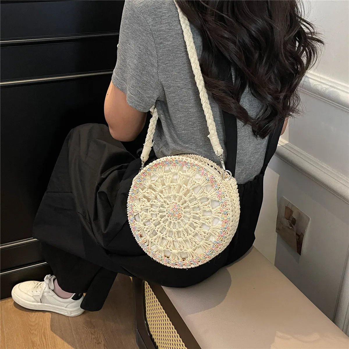 Handmade Round Crochet Straw Handbag - Premium handbags from Trendsi - Just $37.99! Shop now at Handbags Specialist Headquarter