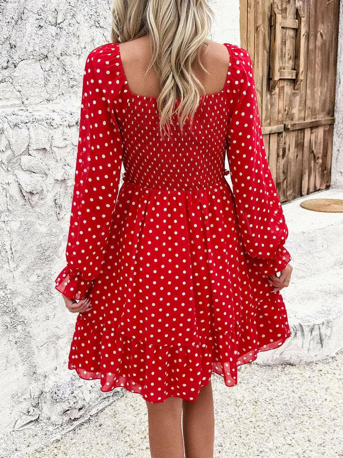 Smocked Polka Dot Long Sleeve Dress.