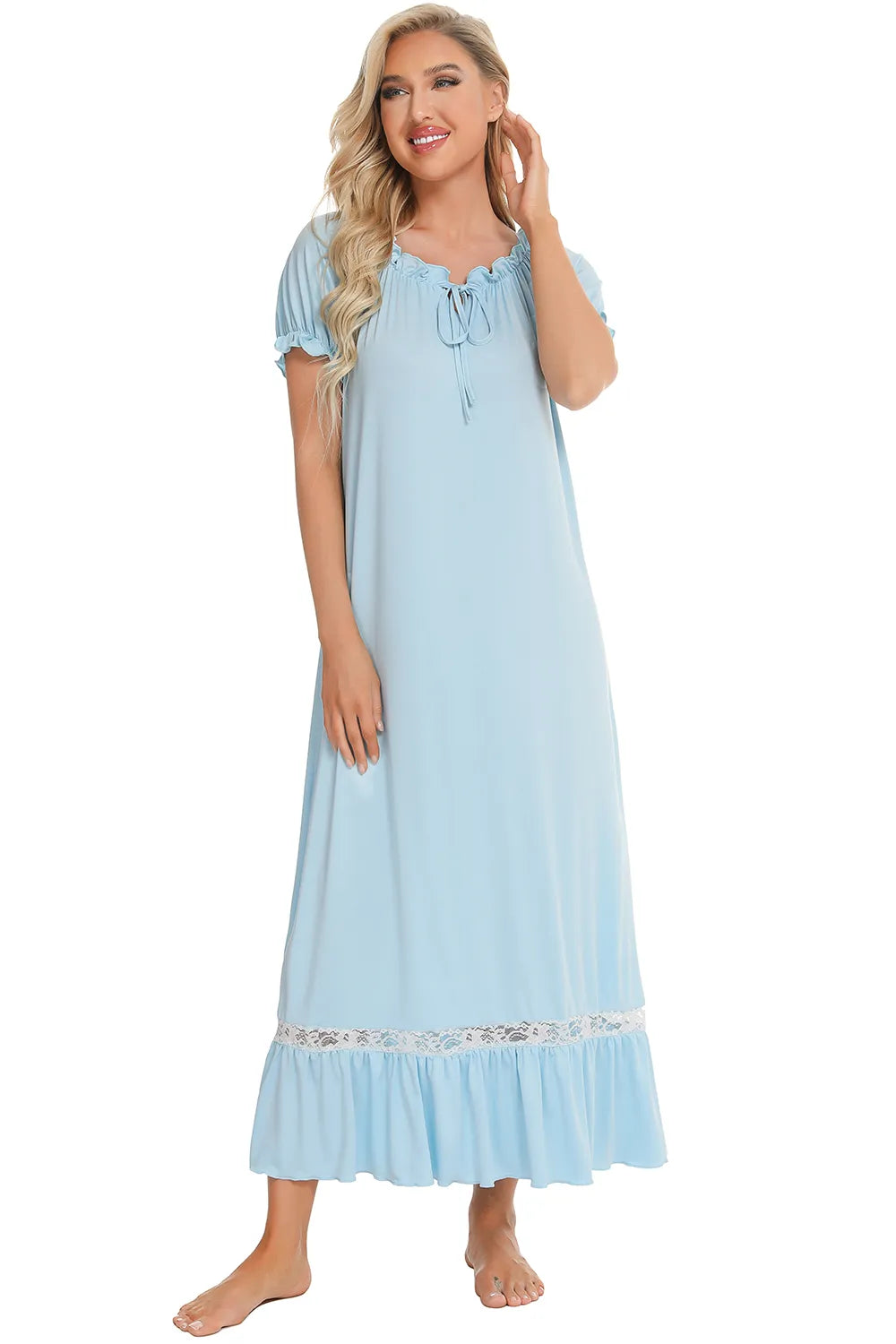 Lace Detail Short Sleeve Lounge Dress - Premium Sleepwear from Trendsi - Just $29! Shop now at Handbags Specialist Headquarter