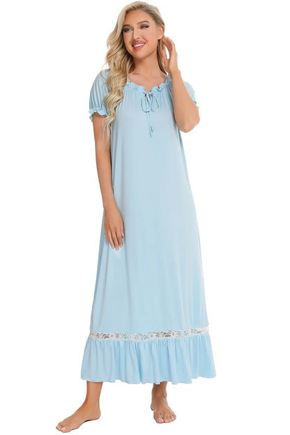 Lace Detail Short Sleeve Lounge Dress - Premium Sleepwear from Trendsi - Just $29! Shop now at Handbags Specialist Headquarter