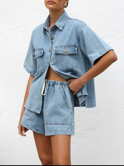 Button Up Short Sleeve Top and Shorts Denim Set - Premium Women / Jeans & Denim from Trendsi - Just $66.70! Shop now at Handbags Specialist Headquarter