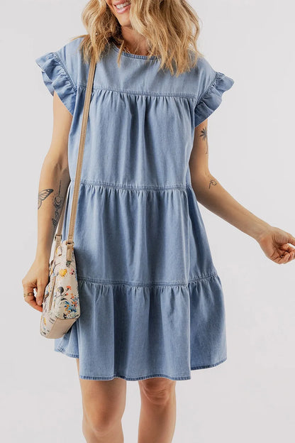 Ruffle Cap Sleeve Tiered A-line Denim Dress - Premium Women / Jeans & Denim from Trendsi - Just $49.18! Shop now at Handbags Specialist Headquarter