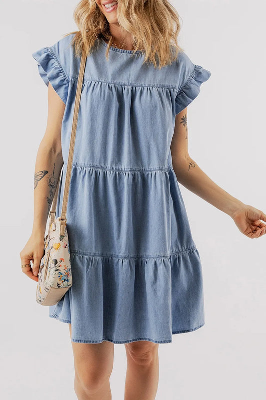 Ruffle Cap Sleeve Tiered A-line Denim Dress - Premium Women / Jeans & Denim from Trendsi - Just $49.18! Shop now at Handbags Specialist Headquarter