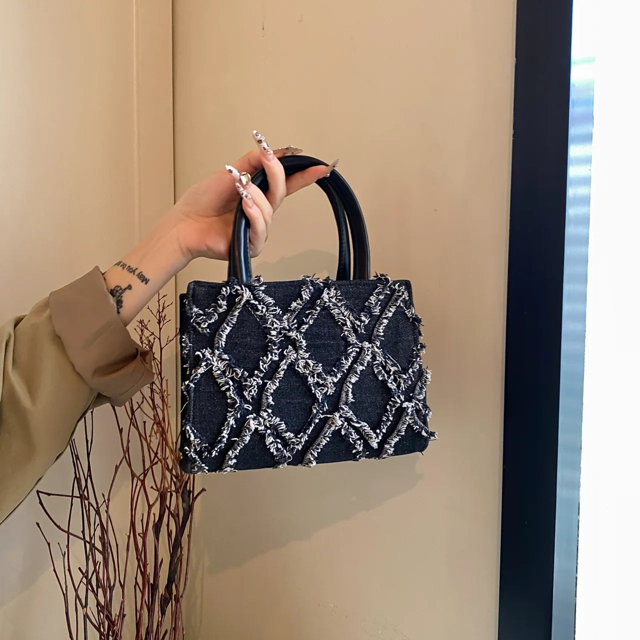 Diamond Pattern Fringe Edge Tote Bag - Premium Tote Bag from Trendsi - Just $39.99! Shop now at Handbags Specialist Headquarter