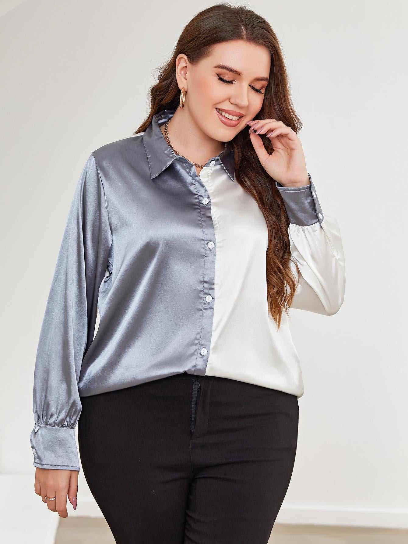 Plus Size Two-Tone Long Sleeve Shirt - Premium Plus Size Shirts from Trendsi - Just $28! Shop now at Handbags Specialist Headquarter