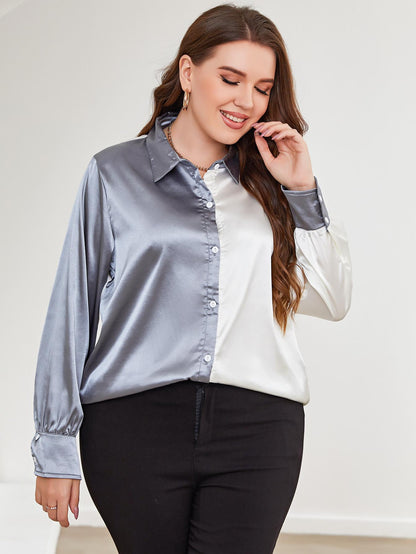 Plus Size Two-Tone Long Sleeve Shirt - Premium Plus Size Shirts from Trendsi - Just $28! Shop now at Handbags Specialist Headquarter