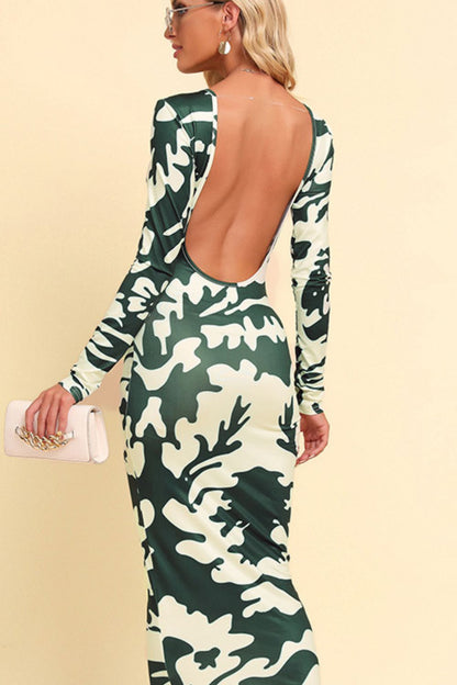 Printed Backless Long Sleeve Maxi Dress - Premium Maxi Dress from Trendsi - Just $32.99! Shop now at Handbags Specialist Headquarter