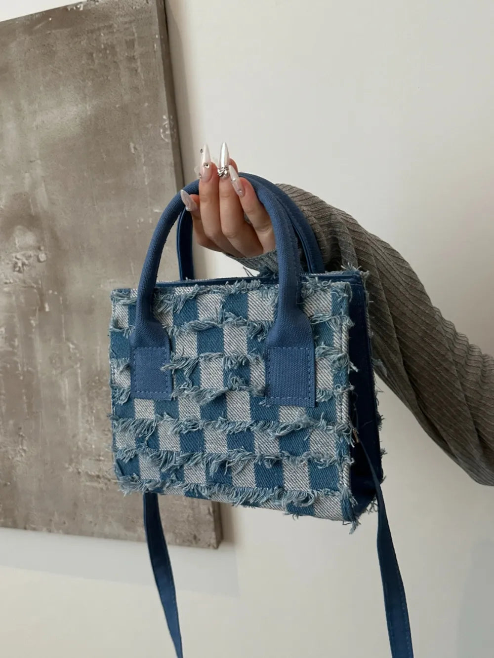 Raw Hem Checkered Denim Handbag - Premium Tote Bag from Trendsi - Just $39.99! Shop now at Handbags Specialist Headquarter