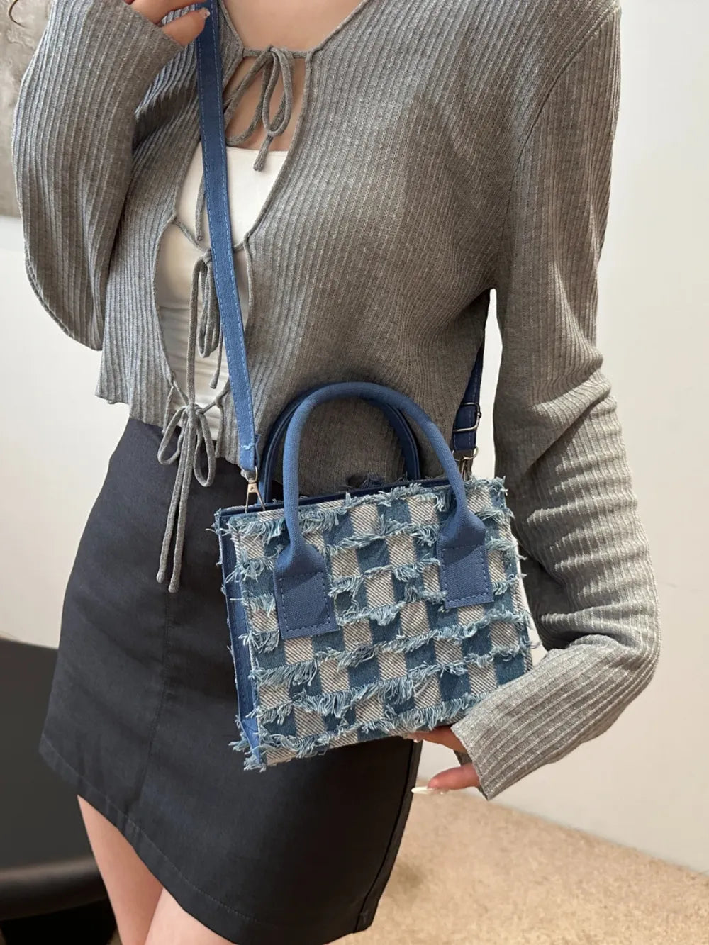 Raw Hem Checkered Denim Handbag - Premium Tote Bag from Trendsi - Just $39.99! Shop now at Handbags Specialist Headquarter