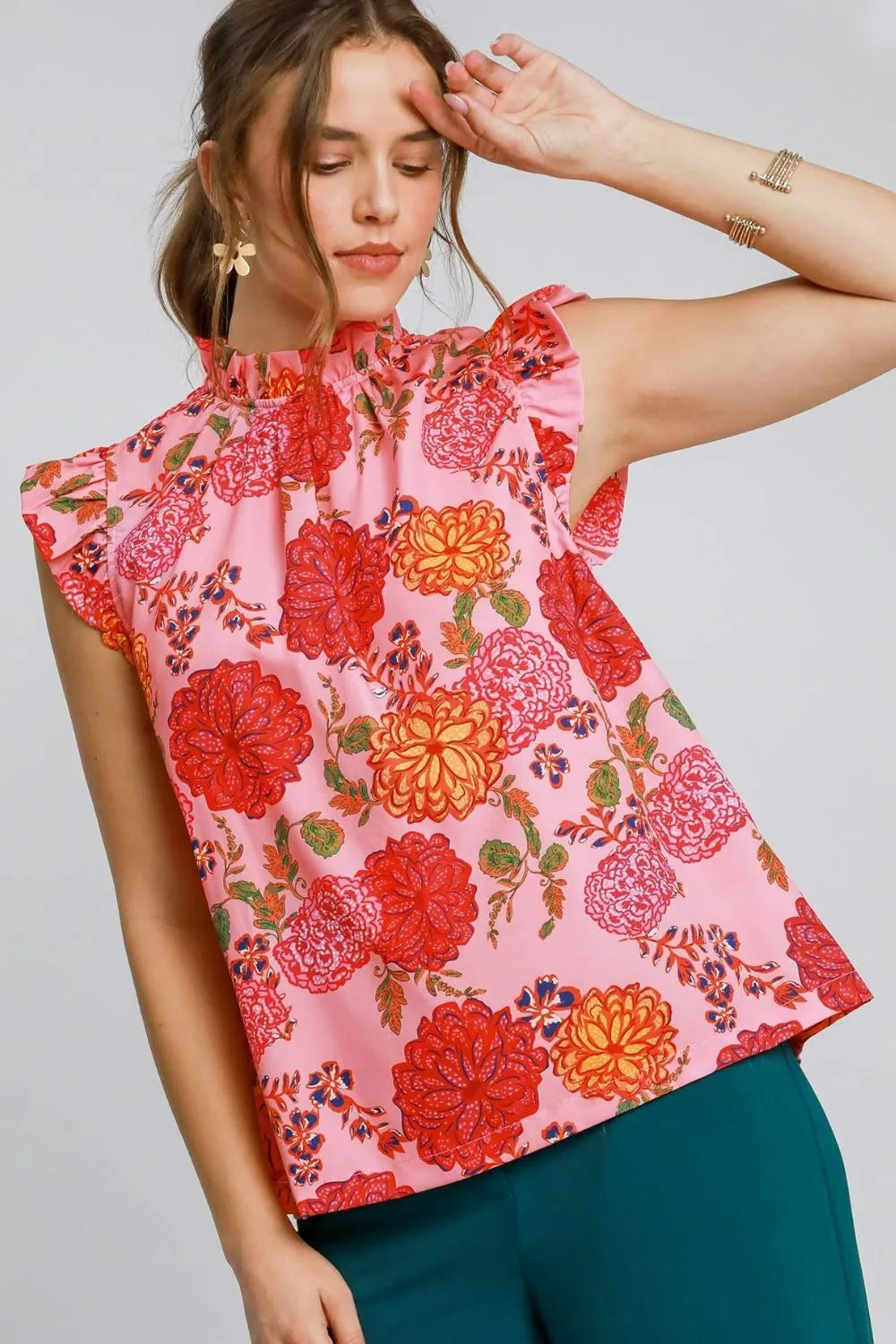 Umgee Full Size Floral Print Ruffled Cap Sleeve Blouse Plus Size - Premium Dresses from Trendsi - Just $42.99! Shop now at Handbags Specialist Headquarter