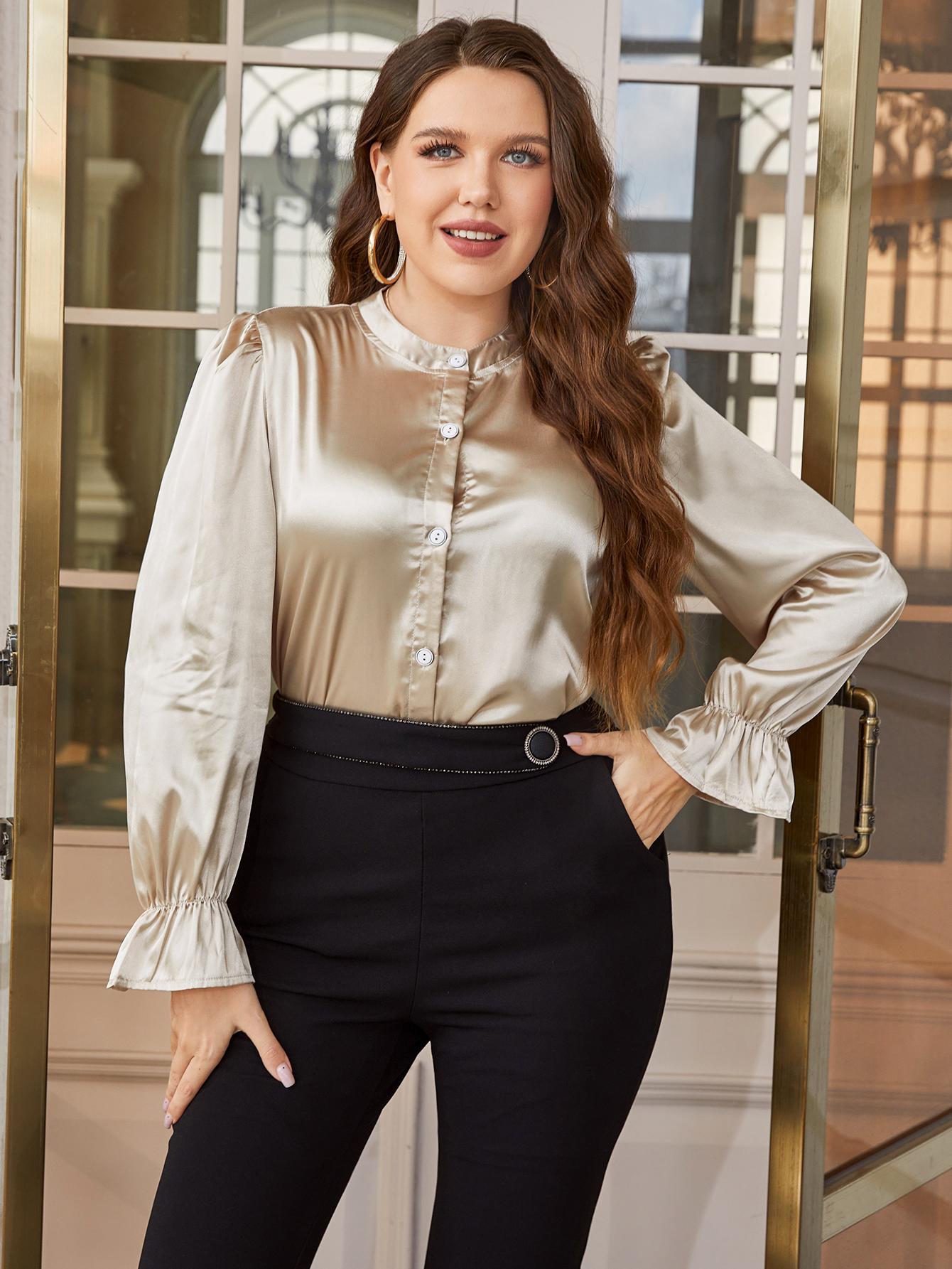 Plus Size Flounce Sleeve Band Collar Shirt - Premium Plus Size Shirts from Trendsi - Just $27! Shop now at Handbags Specialist Headquarter