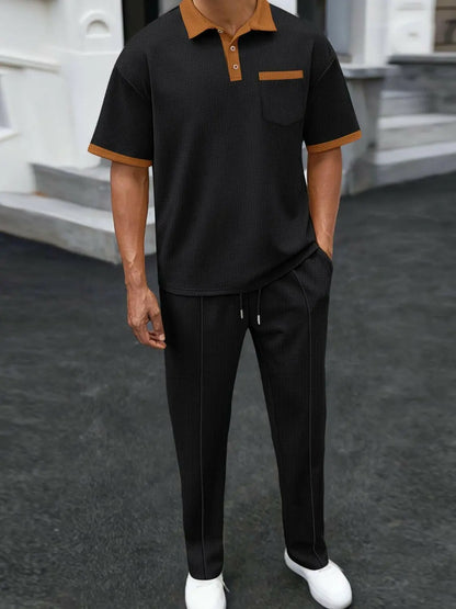 Men's Full Size Waffle-Knit Contrast Polo and Pants Set Plus Size.