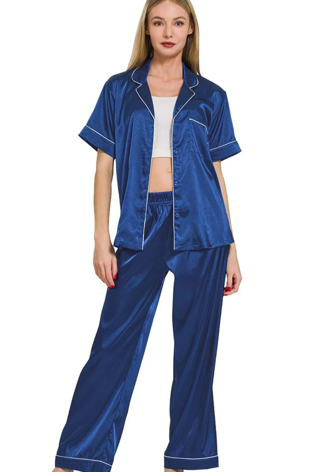 Zenana Satin Short Sleeve Top and Pants Pajama Set - Premium Sleepwear from Trendsi - Just $44.99! Shop now at Handbags Specialist Headquarter