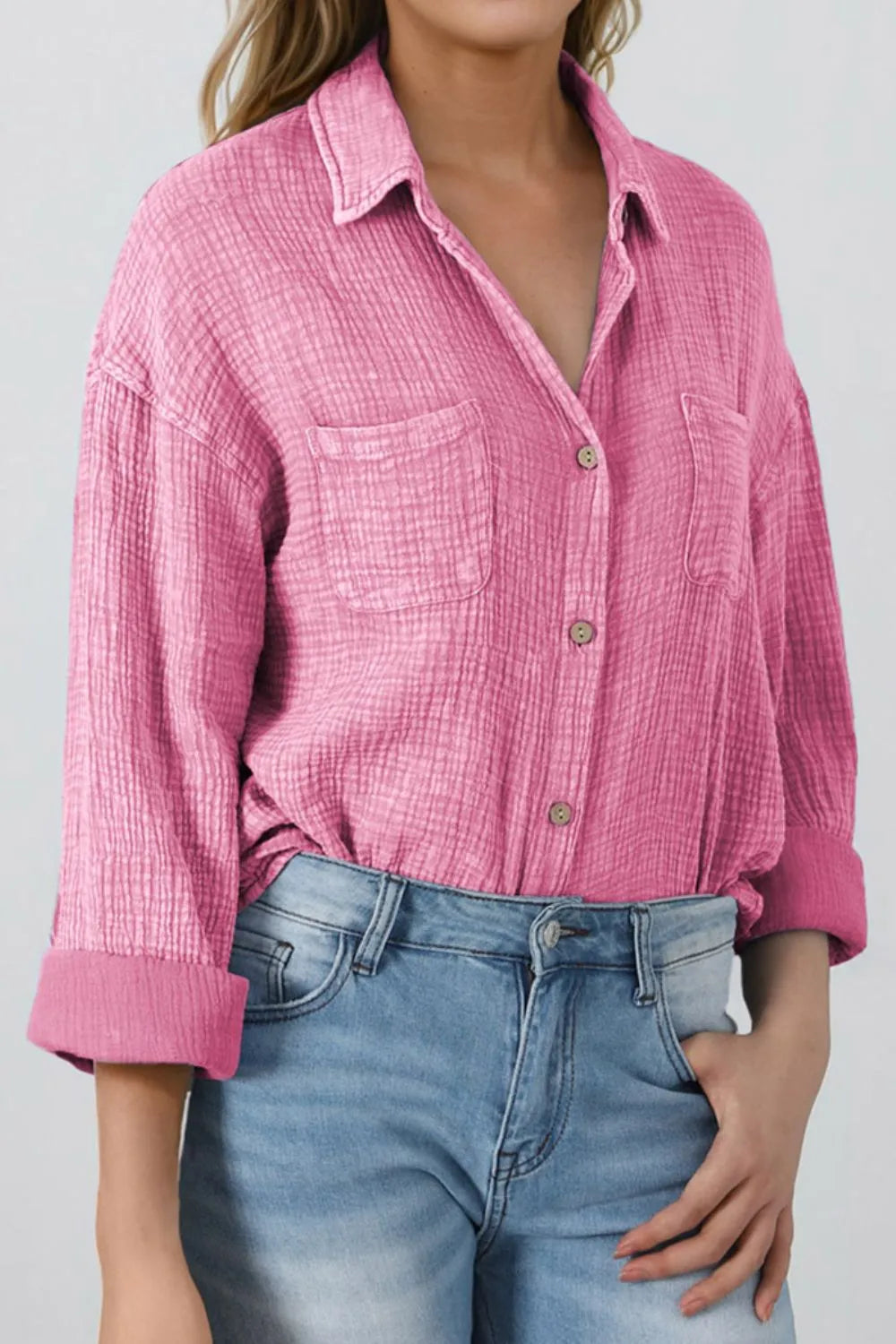 Button Down Collared Neck Long Sleeve Shirt - Premium Women's Down Shirt Tops from Trendsi - Just $52.98! Shop now at Handbags Specialist Headquarter