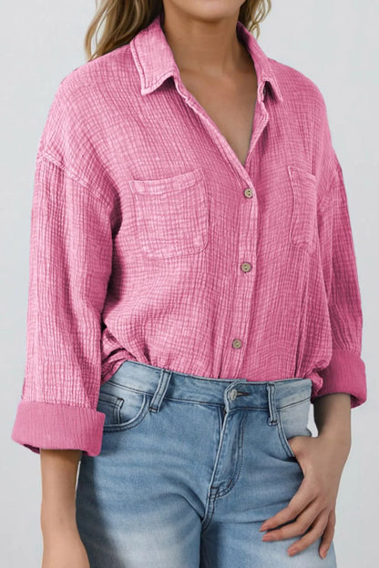 Button Down Collared Neck Long Sleeve Shirt - Premium Women's Down Shirt Tops from Trendsi - Just $52.98! Shop now at Handbags Specialist Headquarter