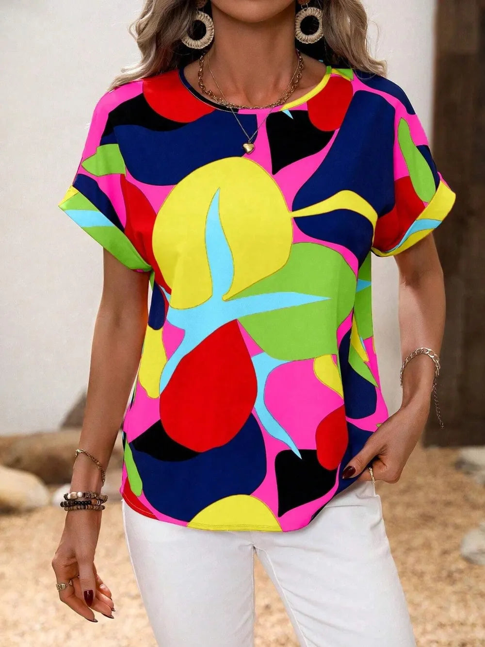 Contrast Round Neck Short Sleeve Blouse - Premium Tops from Trendsi - Just $23.06! Shop now at Handbags Specialist Headquarter