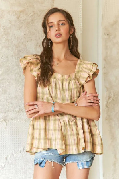 ADORA Ruffled Square Neck Cap Sleeve Babydoll Blouse - Premium Tops from Trendsi - Just $38.80! Shop now at Handbags Specialist Headquarter