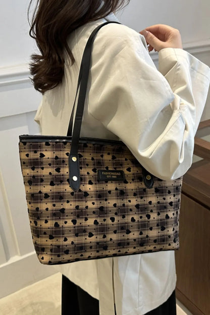Heart Plaid PU Leather Strap Tote Bag - Premium Tote Bag from Trendsi - Just $29.99! Shop now at Handbags Specialist Headquarter