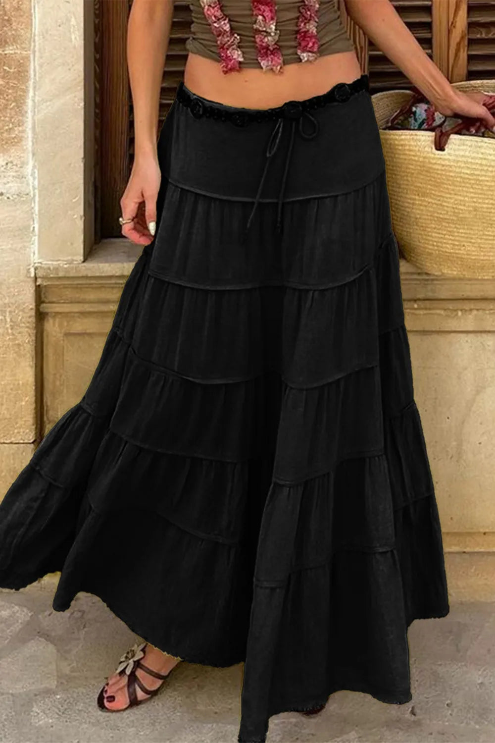 Bohemian Tiered Maxi Skirt with Drawstring Waist - Premium Skirts from Trendsi - Just $38.99! Shop now at Handbags Specialist Headquarter