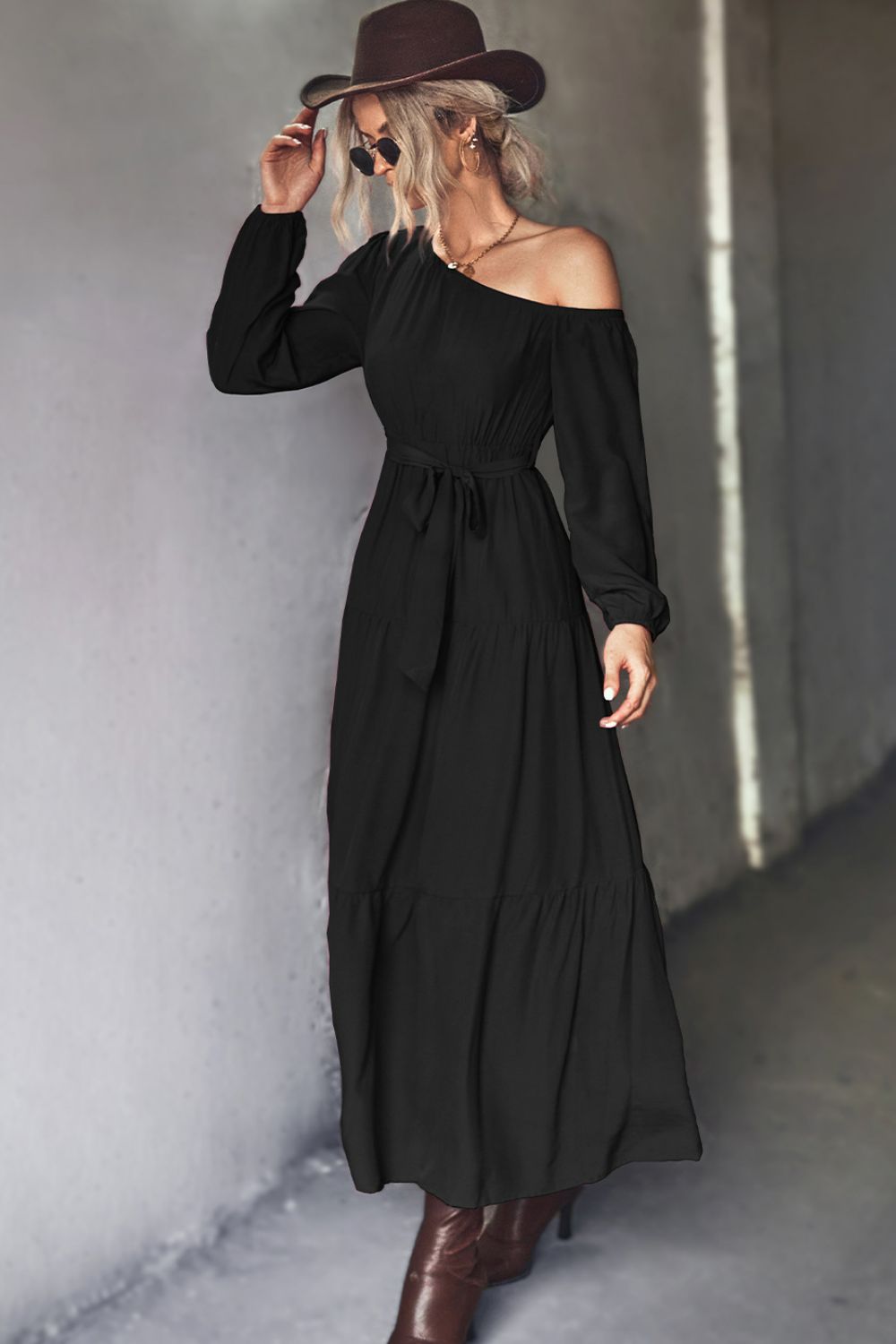 Belted One-Shoulder Tiered Maxi Dress - Premium Maxi Dress from Trendsi - Just $33.99! Shop now at Handbags Specialist Headquarter