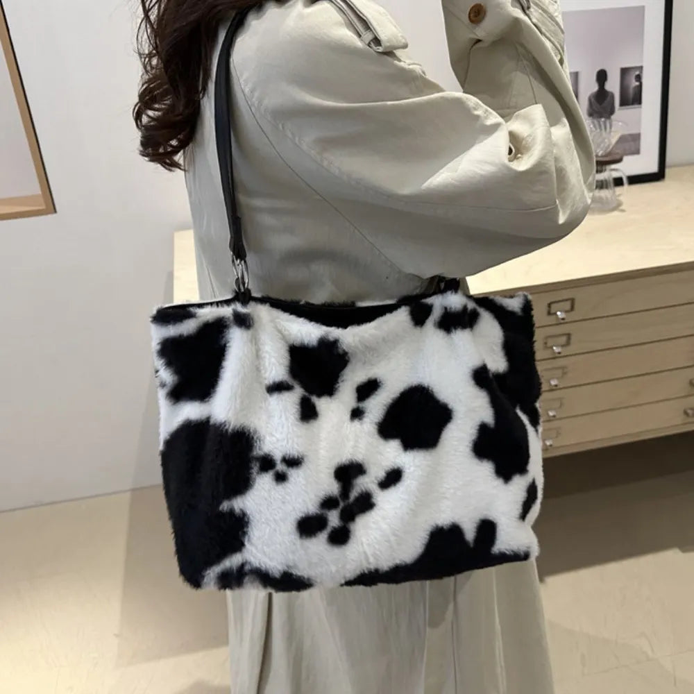 Cow Print Furry Tote Bag - Premium Tote Bag from Trendsi - Just $39.99! Shop now at Handbags Specialist Headquarter