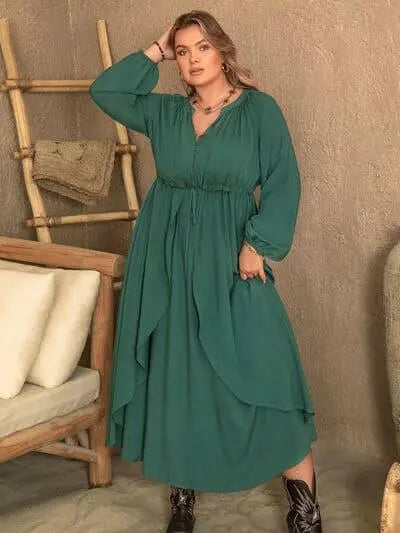 Plus Size Notched Layered Balloon Sleeve Midi Dress.