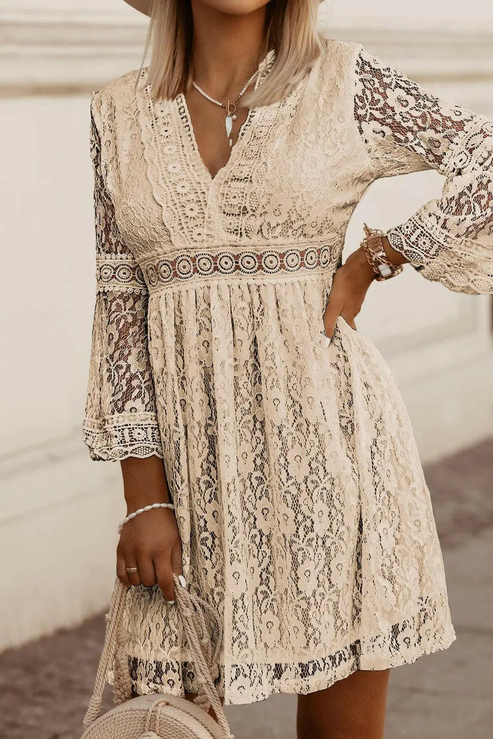 Lace V-Neck Three-Quarter Sleeve Dress.