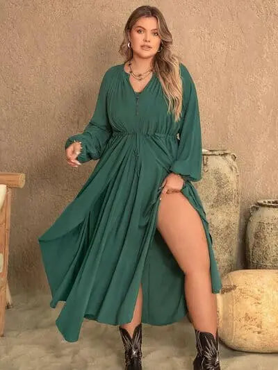 Plus Size Notched Layered Balloon Sleeve Midi Dress.