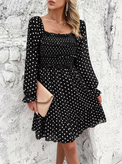 Smocked Polka Dot Long Sleeve Dress.