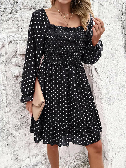Smocked Polka Dot Long Sleeve Dress.