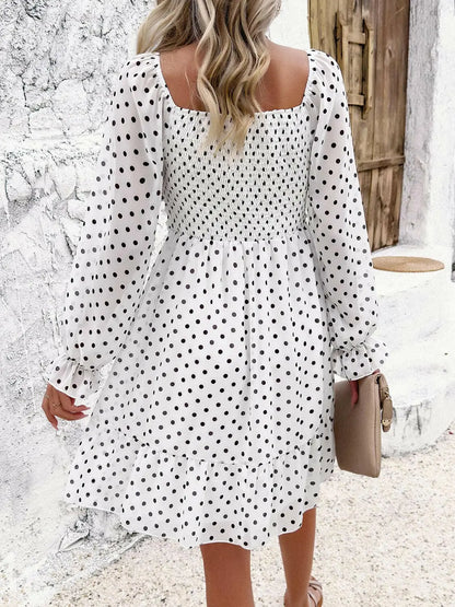 Smocked Polka Dot Long Sleeve Dress.