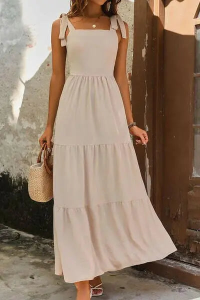 Tie Shoulder Smocked Tiered Dress.