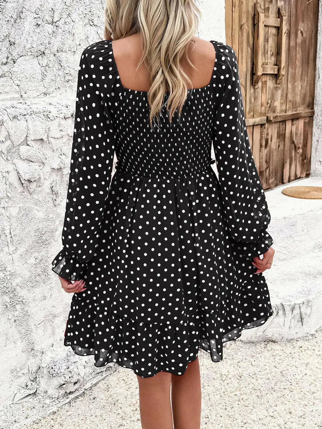 Smocked Polka Dot Long Sleeve Dress.